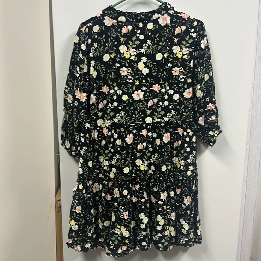 J Gee Black Floral Babydoll 3 Quarter Sleeve Half Button Up Dress Womens Small - Picture 5 of 7
